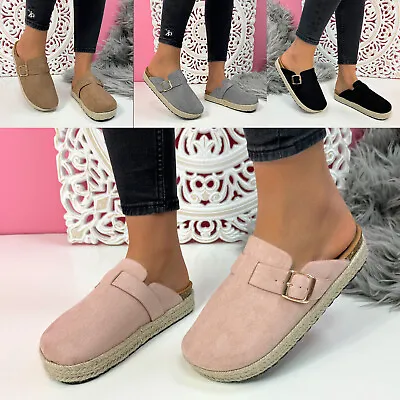 WOMENS SLIP ON Summer Mules BUCKLE Ladies Suede CASUAL SANDAL SLIDERS SHOES • £16.99