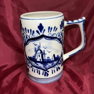 $13 • Buy Vintage Delft Blue Hand Painted Porcelain Beer Mug Windmill  & Boat