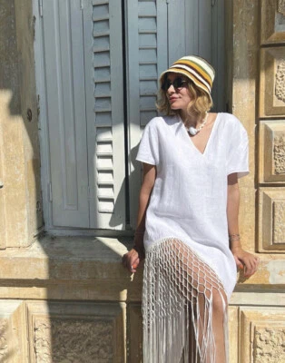 $55 • Buy Zara Nwt Woman Linen Dress With Fringe White | 7495/810 All Sizes