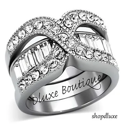 Stunning Round Cut CZ Stainless Steel 2 Piece Wedding Ring Set Women's Size 5-10 • $16.99