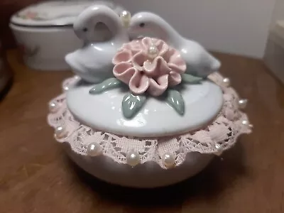 White Swans Lace Pearls Pink Vintage Storage Jewelry Decorative Trinket Box  • $14.99