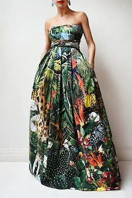 DOLCE & GABBANA Green Jungle Print Cotton-Poplin Boned Bustier Maxi Dress Sz 42 • $1500