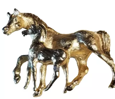 Vtg Napier? Brooch 2 Horses:Mare & Foal Brushed Goldtone~silvertone Shiny Signed • $21.50