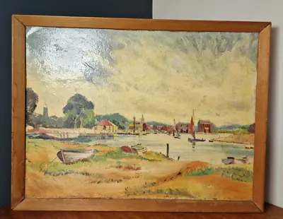 Boats Harbour Seascape Village Vintage Original Oil Painting  On Board Framed • £39