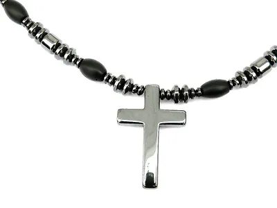 Mens Womens Magnetic Hematite BLACK ONYX CROSS 2 Sided Pendant Necklace Therapy • $48.99