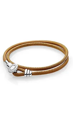 GENUINE PANDORA Tan Brown Double LEATHER BRACELET SIZE Medium 38cm 597194CBK D-2 • £35