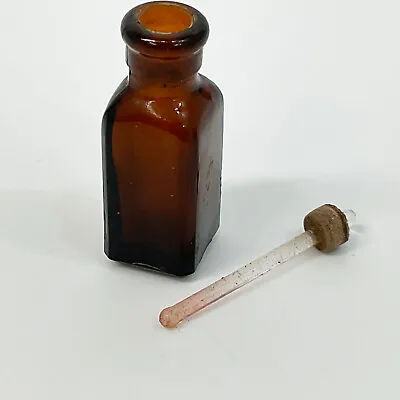 Antique Iodine Poison Bottle Square Brown Glass Bottle With Cork & Glass Dropper • $9.98