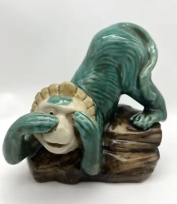 Vintage Majolica Style See No Evil Monkey Figurine Green Capuchin 7.5  T • $82.50