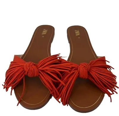 NWOT ZARA Tangerine Suede Fringed Mule Slides Sandals 7600/001Sz 36 US 5-5.5 • $46.80