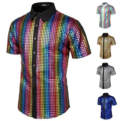 Mens 70s Disco Costume Silver Sequins Party Short Sleeve Button Down Shirt Tops • £18.92