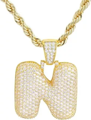 N Initial Custom Bubble Letter Gold Plated Iced CZ Pendant 24  Chain Necklace  • $18.99