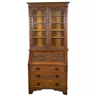 Antique Oak Carved Slant Top Secretary Bookcase Desk #22005 • $785