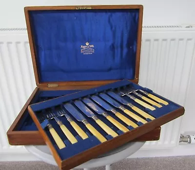 Antique Mappin & Webb 12 Piece Oak 2-tier Cutlery Canteen + 6 Set Fish Cutlery • £55