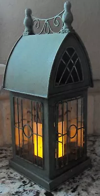 Glass & Metal Architectural Candle Holder Lantern Durham House Green Patina • $32