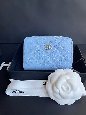 $1000 • Buy Chanel Classic Zip Coin Purse Card Holder Light Blue Caviar Leather Wallet 23P🦋
