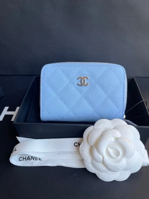 $1000 • Buy Chanel Classic Zip Coin Purse Card Holder Light Blue Caviar Leather Wallet 23P🦋