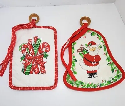 Vintage Christmas Pot Holders 1979 HBI Santa & Candy Canes Hot Pads W/wood Loop • $10.19