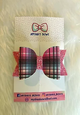 Girls Pink Tartan Hair Bow Clips/bobbles / Glitter(Handmade) (3 Inch) • £2.49