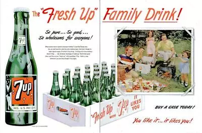 1950 Seven 7 Up Vintage Bottle And Wooden Case Family Picnic BBQ  PRINT AD • $14.99