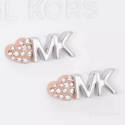 Michael Kors Womens MK Logo Stud Earrings Pave Crystals Heart Silver Rose Gold • $31.91