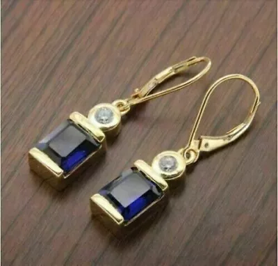 2Ct Emerald Cut Lab Created Blue Sapphire Dangle Earrings 14K Yellow Gold Finish • $79.85