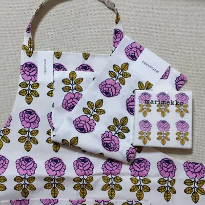 Marimekko Pink Rose Motif Apron Tea Towel Paper Napkin 3-piece Set NEW K391 • $234.64