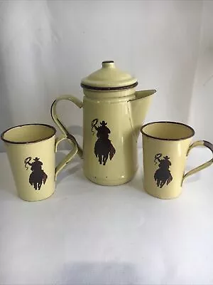 Western Vintage Yellow With Brown Cowboy Enamelware Tea Pot With 2 Mugs. • $30