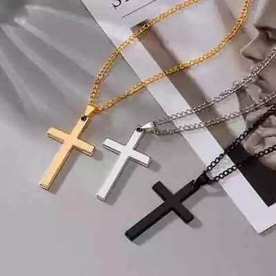 Cross Pendant Necklace Stainless Steel Cuban Chain Silver Plated Gold Men Women • $3.74