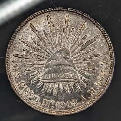 1908 Mo AM Mexico Silver Peso. Cap & Rays. AU Details - Polished. • £0.99