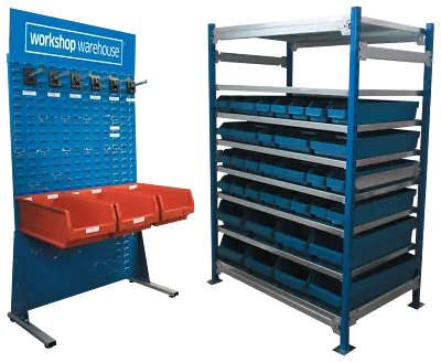 Two Part Racking Storage System Louvred Panel With Bins & Hooks & Racking Unit • £1696.95