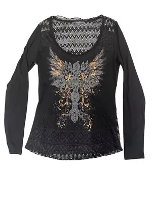 Miss Me Black Embroidered Embellished Long Sleeve Knit Cross Shirt Size Med • $13.99