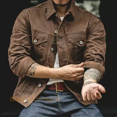 Mens Waxed Canvas Jacket Biker Button Casual Overalls Windproof Coat Retro S-3XL • $71.15