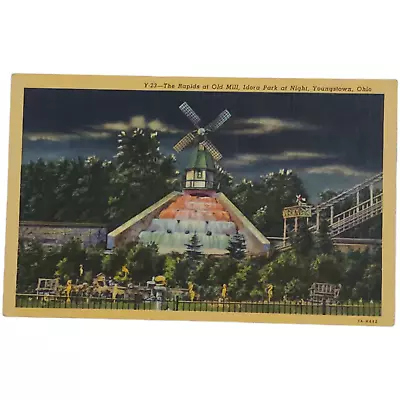 The Rapids At Old Mill Idora Park Night Youngstown Ohio Postcard Vintage Linen • $5.52