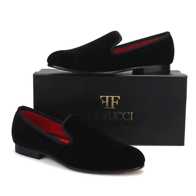 Handmade FERUCCI Men Plain Black Velvet Slippers Loafers  • $139.99