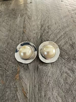 Large Mabe Faux Pearl And Silver Clip On Earrings - Very Nice • $12