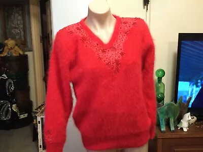 Bright Red Fluffy SUJI KIM Jumper Applique Neckline Angora Blend Knit 12 • $59
