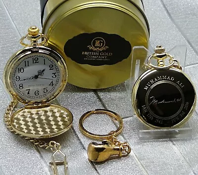 MUHAMMAD ALI Signed 24k Gold Clad Pocket Watch Boxing Glove Keyring Set In Case • $49.72