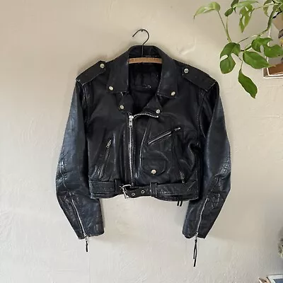 Vintage LA Roxx Leather Hog Motorcycle Jacket Cropped Biker 70s 80/90s Small • $149.99