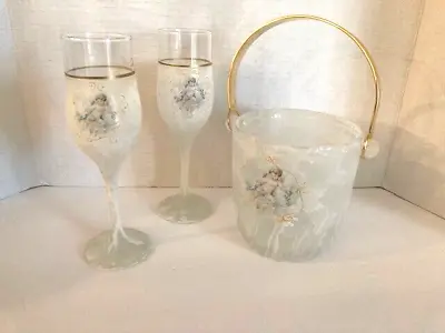 Arte Murano Set Of 2 Wine/Champagne Glasses  Cherubs Hand Painted & Ice Bucket • $75