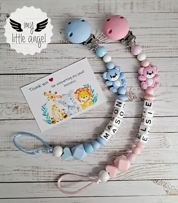 Personalised Silicone Bear Dummy Clip Girl/Boy Pink Blue Pacifier MAM Gift Cute • £10.99