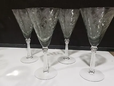 4-RARE Vintage FOSTORIA Iris Swirl Optic Crystal Gray Wine Goblets Glasses Stems • $88.88