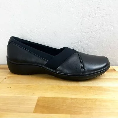 NEW Clarks Cora Charm Black Leather Slip On Shoes Flats Women's Size 7.5 • $34.99