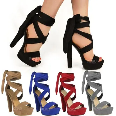 £20.99 • Buy Womens Ladies Tie Lace Up Ankle High Heels Block Platforms Party Open Shoes Size