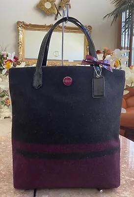 New Coach Charcoal Berry Purple Stripe Wool N/S Tote Bag 24665 MSRP $298 • $152.99