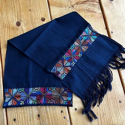 Maya Mexican Chiapas Blue Rectangle Embroidered Table Runner  Long Scarf 10x52In • $14