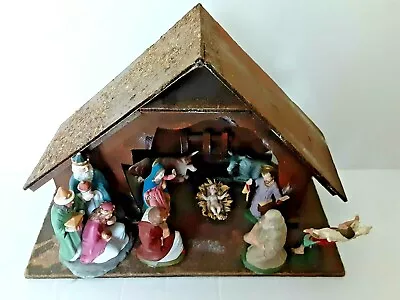 NATIVITY SET (9) Ceramic Figurines Wooden CHRISTMAS MANGER Made In ITALY Vintage • $25