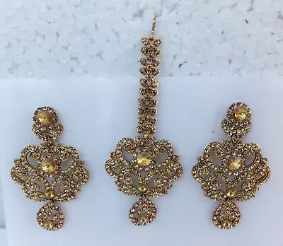 Bollywood Bridal Indian Antic Gold Plated Kundan Mang Tikka Earrings Jewelry Set • $17.72