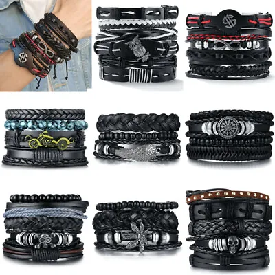 Fashion Male Mens Punk Leather Wrap Braided Wristband Cuff Punk Bracelet Bangle • £5.99