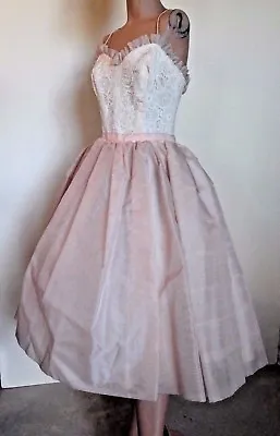 Vintage 50s Cream Lace & Dusty Pink Organza Spaghetti Strap Prom Dress - Small • $59.99