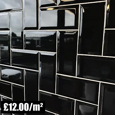 £1.50 • Buy HALF CUT SAMPLE Victorian Subway Bevel Brick Gloss Ceramic Wall Tiles - Black Ss